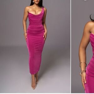 JLUXLABEL Fuchsia One-Shoulder Ruched Cowl Midi Dress